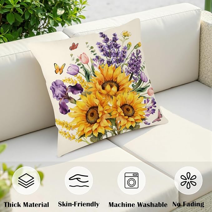 Sunflower Pillow Covers Spring Summer Throw Pillow Covers 18x18 Set of 2 Rustic Tulip Purple Lavender Flower Pillow Cases Butterfly Floral Cushion Case for Home Farmhouse