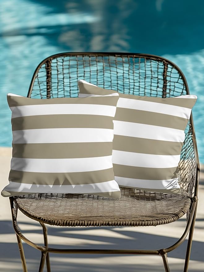 Waterproof Outdoor Pillow Set of 2 Brown White Stripe Decorative Throw Pillows Cover & Insert 16x16 Inch Pillowcase Simple Style Striped Pillows for Couch Sofa Bed Patio Furniture Indoor Outdoor