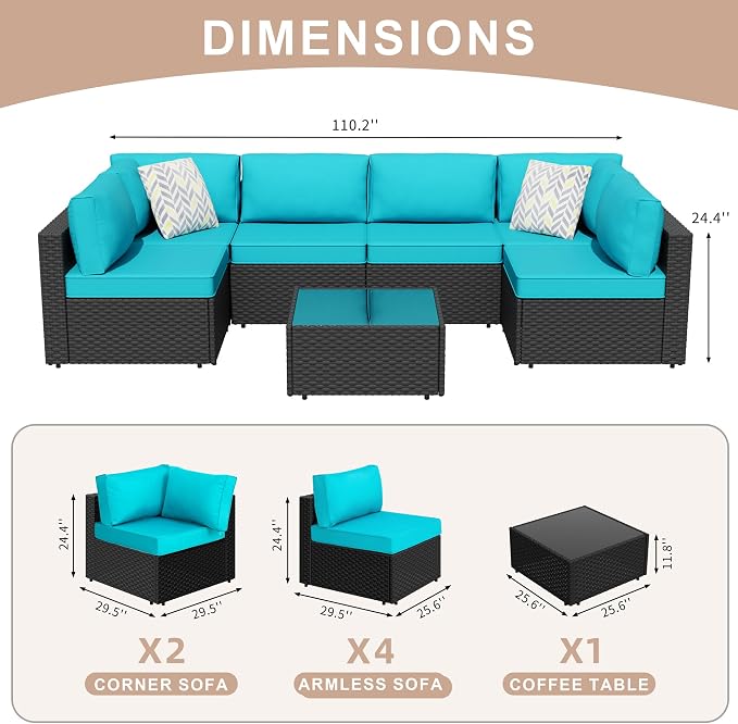 JAMFLY 7-Piece Outdoor Patio Furniture Set, Modular PE Rattan Sectional Sofa with Thick Cushions & Glass Coffee Table, Weather-Resistant Wicker Conversation Set for Poolside, Balcony, Garden, Blue
