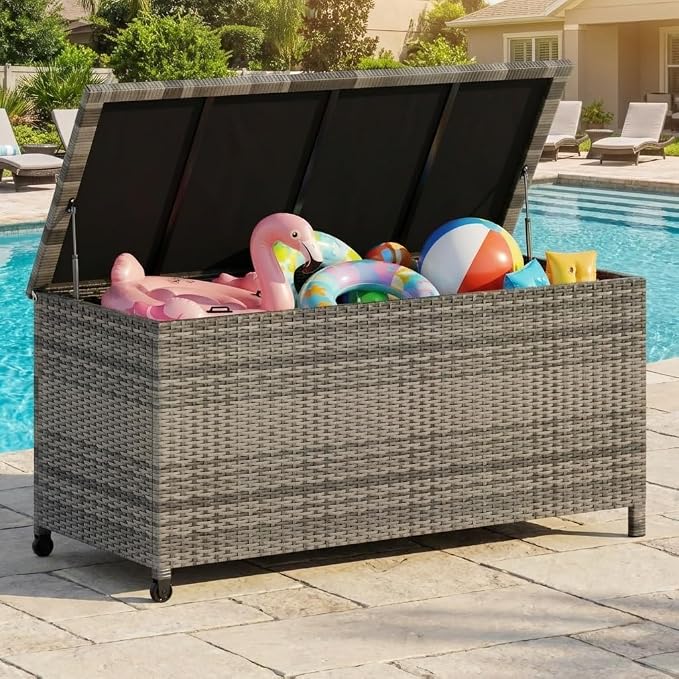 Litake Large 125 Gallon Outdoor Deck Storage Box with Wheels & Handles – Heavy Duty Waterproof PE Rattan Chest – Weatherproof Patio, Garden, Poolside Organizer – Grey