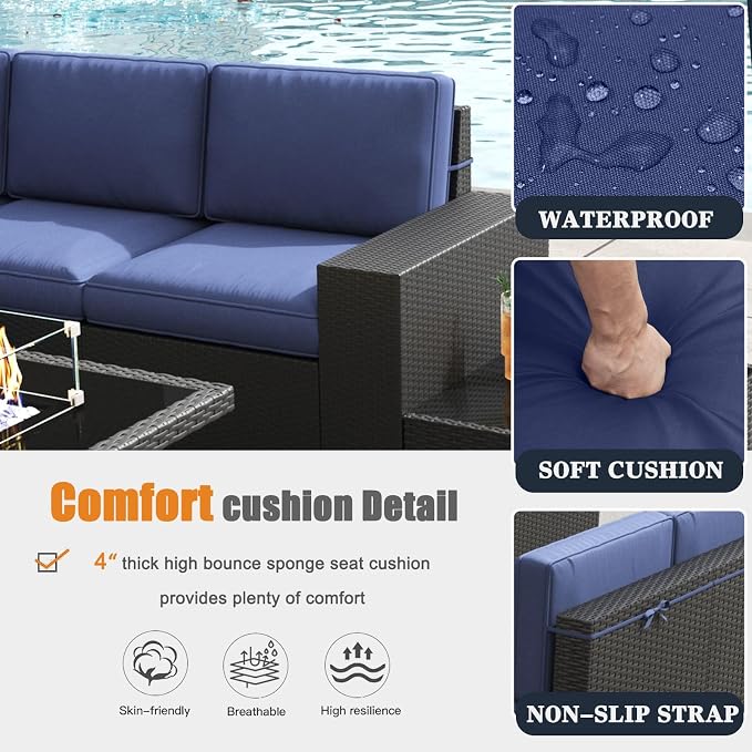 Patio Furniture Set with Fire Pit Table, 10 Pieces Outdoor All-Weather Wicker Conversation Sectional Chair Sofa Set with 2 Swivel Chairs