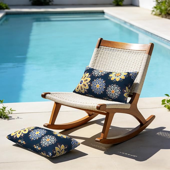 Outdoor Lumbar Pillows with Insert 12x20 Inch, Waterproof Throw Pillow for Patio Furniture, Decorative Lumbar Cushions for Garden Home Sofa Office Chair, Set of 2, Bloom Medallion‌Cobalt