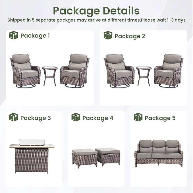 Luxury Patio Furniture Set 10pcs with 6-inch Thick Cushion, Outdoor Furniture with Fire Pit Table, Swivel Chairs, Sofa, Side Table, Ottomans, Patio Set for Deck Yard Brown Wicker | Grey Cushions