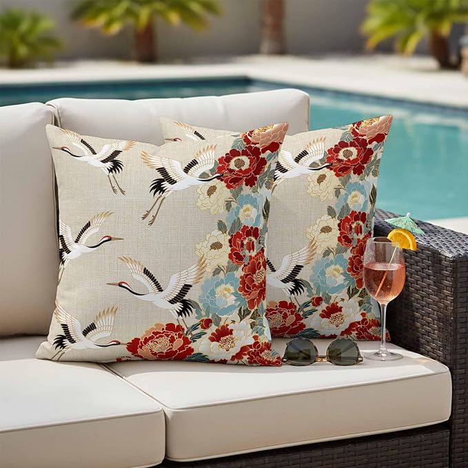 Japanese Style Outdoor Pillow Covers 26x26 Inch Throw Pillow Covers Set of 2 Waterproof Decorative Pillow Cases Country Vintage Blossom Peony Birds Cushion Covers for Patio Furniture Garden Couch Sofa