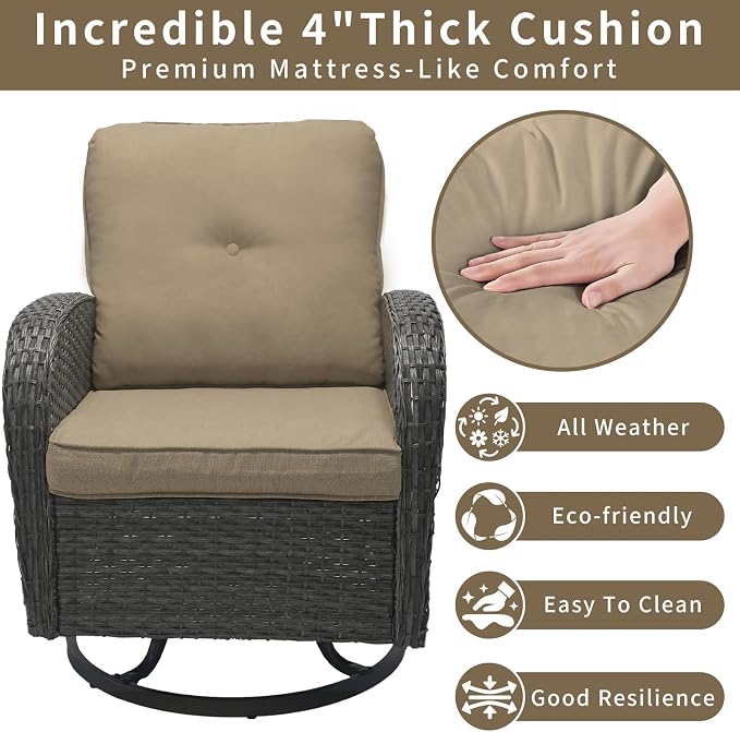 3 Piece Outdoor Swivel Rocker Patio Chairs, All-Weather Rattan Chair, Wicker Glider Patio Furniture Set with Side Table, for Garden, Backyard, Deck, Gray Rattan & Khaki Cushions