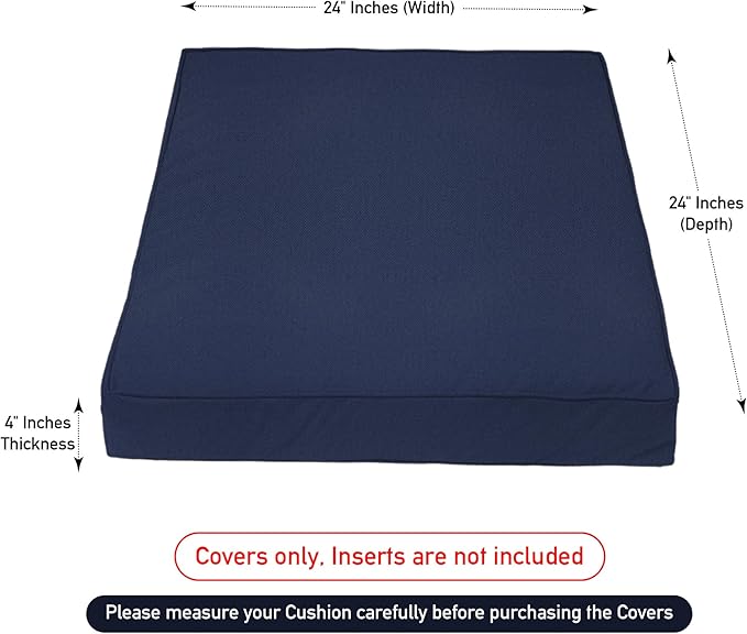Covers & All Square Outdoor Cushion Covers for Patio Furniture Sets, Water, Tear & UV Resistant Polyester Cushion Slipcover with Zippers (Pack of 2) (24" L x 24" W x 4" Thick, Navy Blue)