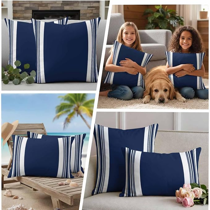 Farmhouse Navy Blue Outdoor Waterproof Throw Pillow Covers 18x18 Set of 2, Aesthetic Modern Line Striped Decorative Pillowcases Cushion Pillowcase for Couch Sofa Patio Outside Pillow Protector