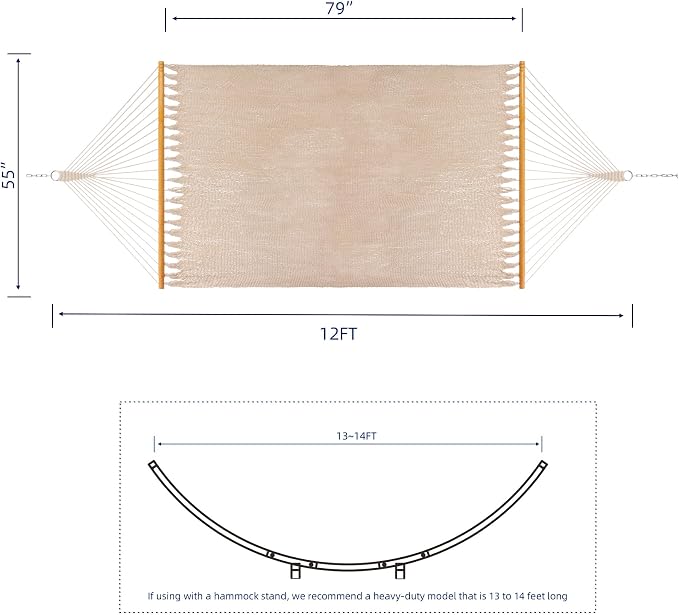 SANIWERKE® Double Caribbean Hammock 79" x 55" Woven Bed, 12 FT Long with Solid Spreader Bars, Hand Tightly Woven Rope Net, All Weather Outdoor Hammock for 2 Persons, 450 LBS Capacity, Warm Oatmeal