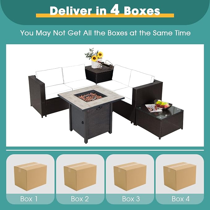 Tangkula 5 Piece Patio Furniture Set with 30 Inches 50,000 BTU Gas Fire Pit Table, Outdoor Wicker Conversation Sectional Sofa Set with Storage Box and Coffee Table, for Poolside, Deck (Turquoise)