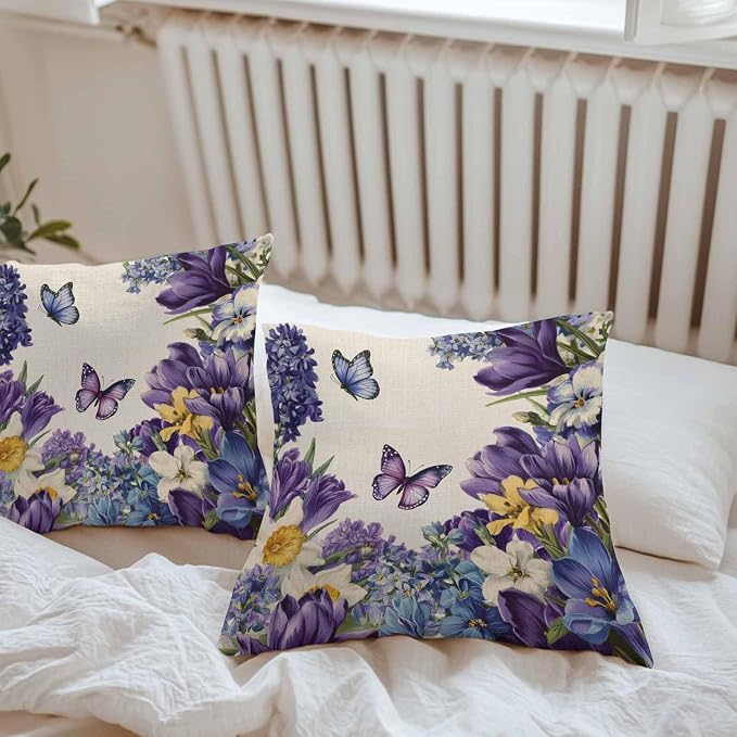 Outdoor Waterproof Pillow Covers for Patio Furniture Purple Blue Flowers Butterfly Throw Pillow Cover Watercolor Floral Linen Pillowcases Set of 2 Cushion Case for Sofa Couch Chair 20x20 inch