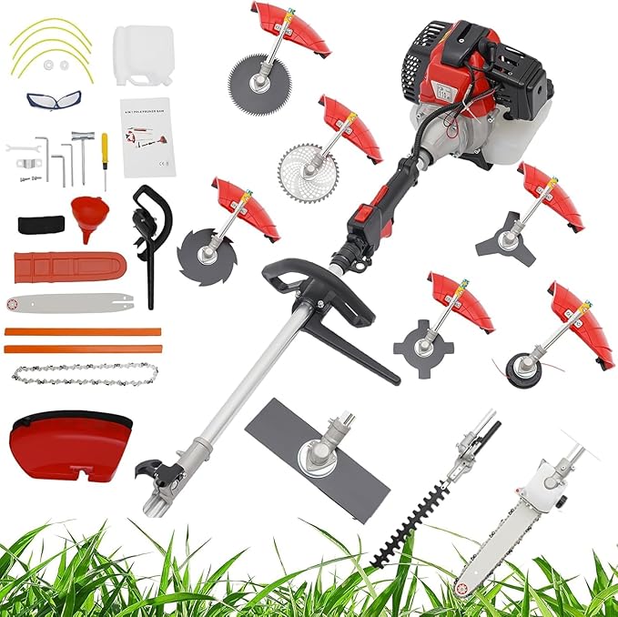 Gas Weed Eater, 52CC 2-Stroke Gas Brush Cutter 10 in 1 Lawn Mower Pruner Tool with Adjustable Extension Pole Grass String Trimmer Hedge Pruner Lightweight Multi-Tool for Lawn Garden & Tree Trimming