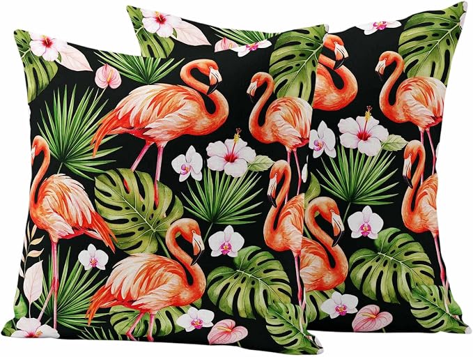 Pink Flamingos Outdoor Pillow Covers 24"x24" Set of 2, Green Tropical Leaf Hibiscus Flower Botanical Waterproof Throw Pillow Covers for Patio Furniture, Decorative Cushion Covers for Porch