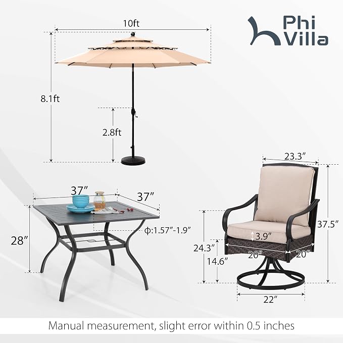 PHI VILLA 6-Piece Outdoor Dining Sets, All-Weather Patio Table and Chairs Set with Umbrella for 4, Heavy Duty Patio Table Set Square for Deck, 4 Extra Large Outdoor Swivel Chairs with Thick Cushions