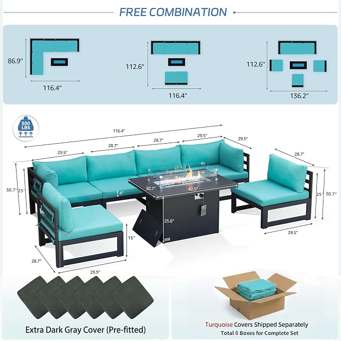 NICESOUL 7 Pcs Large Modern Aluminum Outdoor Patio Furniture Set with Fire Pit Table Propane/Gas, 29" Wide Deep Seat, Fade Resistant Sectional Sofa, 500 lbs Sturdy Backyard Conversation Set, Turquoise