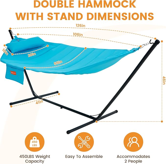 Lazy Daze Hammocks Hammock with Stand for Outside, Quilted Hammock with Detachable Pillow, Tool-Free Assembly, 450lb Capacity for Backyard, Patio, Aqua