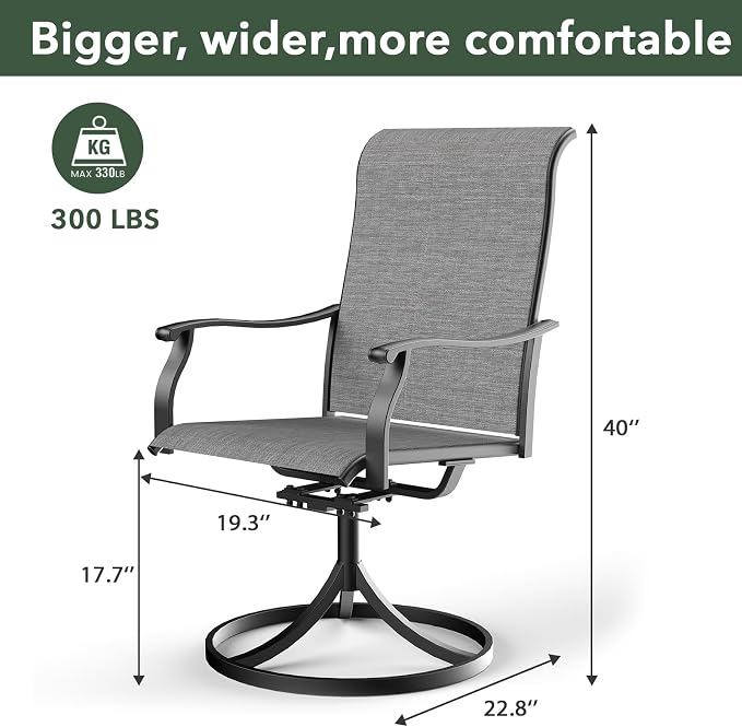 4 Person Grey Patio Swivel Rocker Chair and 40" Glass Round Table Set Sty1 | 4 Piece Swivel Chairs: High Back, Retro Armrest, Textilene Fabric, Rocking; 40 inch Round Table: Glass Top; All Weather