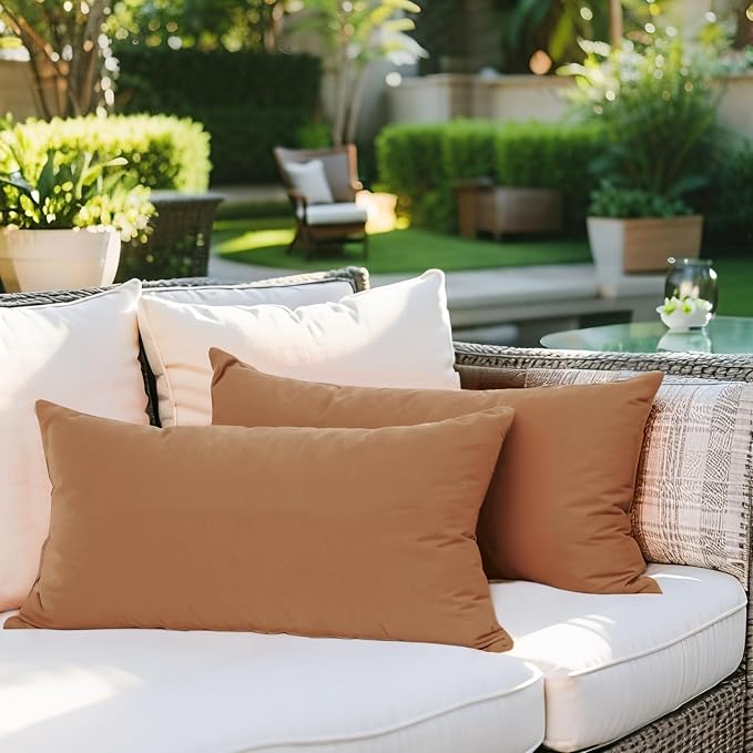 SK Studio Outdoor Water Resistant Throw Pillows, Decorative Patio Lumbar Cushions, Fluffy Furniture Garden Cushions for Home Patio Coach Sofa Use, Pack of 2, Brown, 18x18 Inch