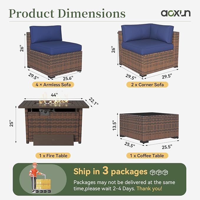Aoxun 8-Piece Outdoor Patio Furniture Set - 44” Fire Pit Table, Durable Wicker Rattan Sectional Sofa with Coffee Table, Comfy Thickened Cushions, Blue