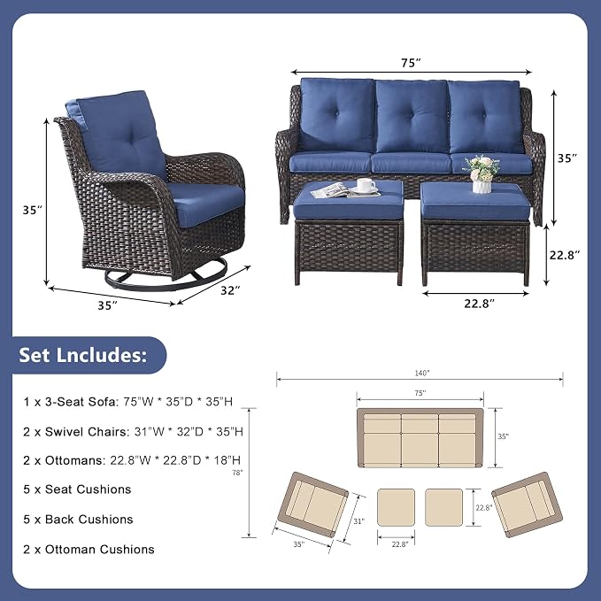 Rilyson 5 Piece Outdoor Patio Furniture Set - Rattan Wicker Patio Conversation Sets with 2 Swivel Rocker Chairs,2 Ottomans and 1 Sofa for Outside Porch Deck Backyard(Brown/Blue)
