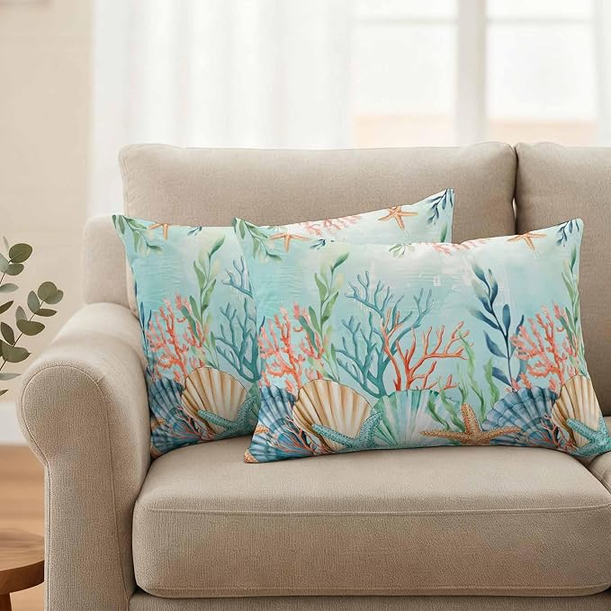 Lumbar Pillow Covers 20x12 Inch Set of 2, Ocean Starfish Seaweed Waterproof Outdoor Pillow Covers, Summer Coastal Beach Shell Coral Teal Decorative Cushion Pillowcases for Couch, Sofa, Bed, Patio