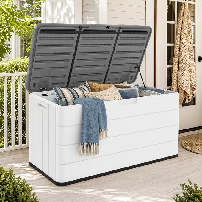 ADDOK 110 Gallon Outdoor Deck Box, Large Waterproof Resin Storage Box with Lid Support Rod, Lockable Lid and Side Handles, Patio Cushion Storage Bench for Poolside, Garden and Backyard, White