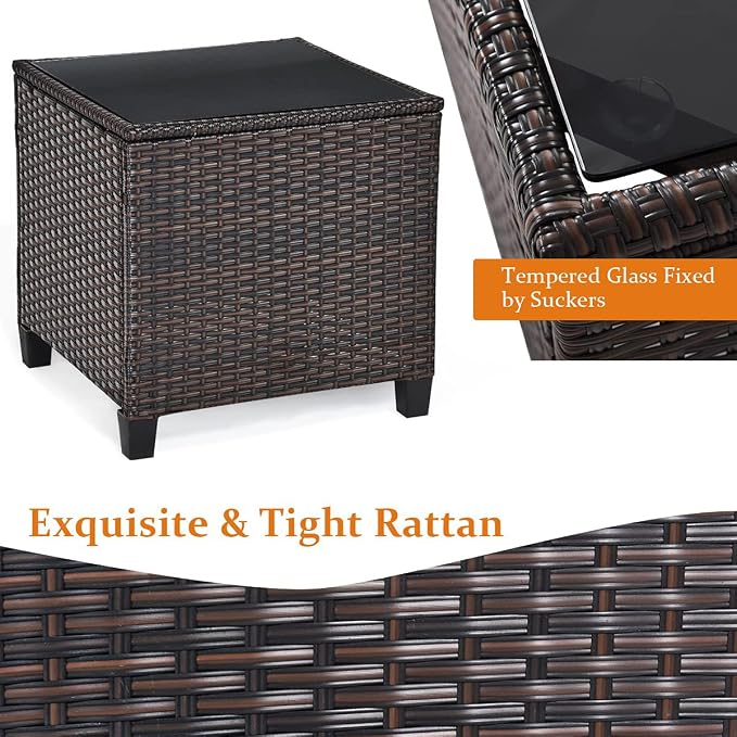DORTALA Wicker Patio Furniture Set 3 Piece, Outdoor Table and Chairs with Tempered Glass Tabletop, Cushions, Small Rattan Conversation Sofa Set for Balcony, Porch, Backyard, Deck, White