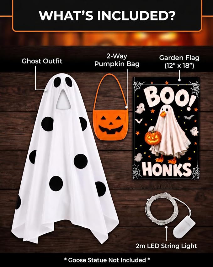 Halloween Porch Goose Outfits, 23 Inch Light Up Ghost Costume & Flag | Ghost porch goose halloween outfit for cement goose. LED ghost clothes with pumpkin bag & flag, gift for mom, grandma.