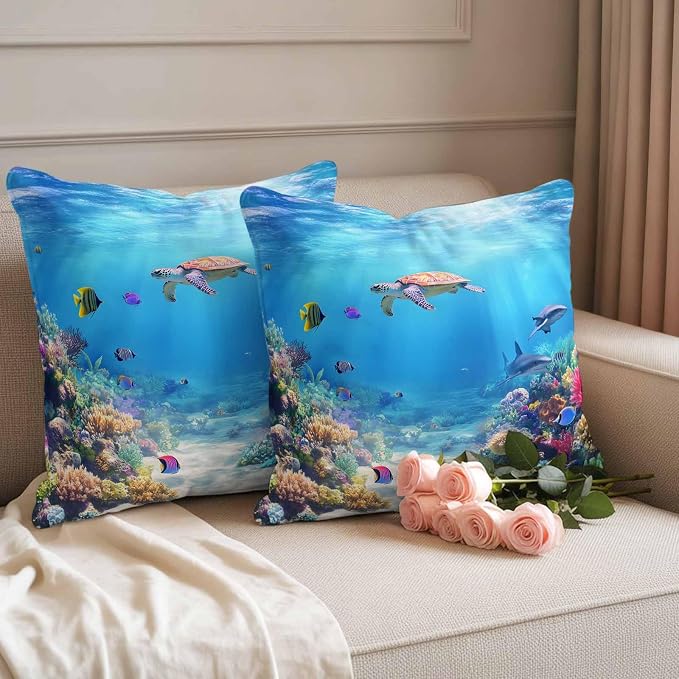 Ocean Turtle Waterproof Outdoor Pillow Covers Set of 2 Home Decor, Blue Beach Summer Dolphin Whale Coral Fish Pillowcase Patio Pillow Covers for Couch Bench Furniture Garden 24x24in