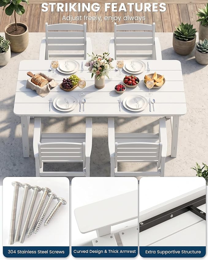 FOOWIN Outdoor Table and Chairs Set 5-Piece HDPE All Weather Patio Dining Set with Umbrella Hole,Outdoor Patio Furniture Dining Set for 4,Patio Kitchen Table Set for Garden,Backyard,Poolside, White