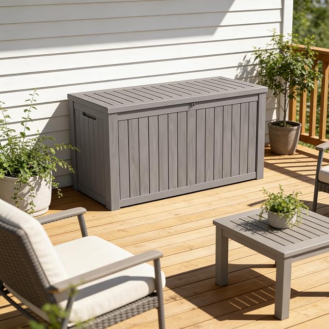 150 Gallon Outdoor Deck Boxes, IP68 Waterproof Outdoor Storage Box with Hydraulic Lid Support, Outside Resin Container for Furniture, Toy, Shoe, Garden & Patio Tools Storage -Brown