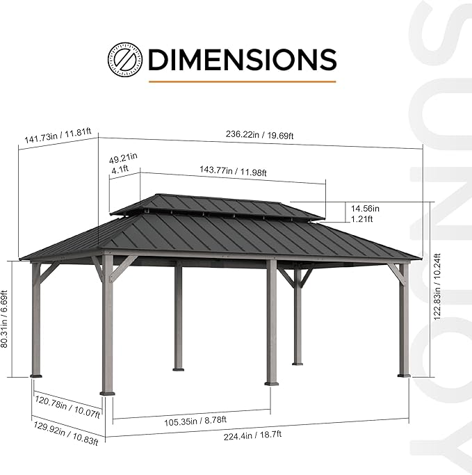 Sunjoy 12 x 20 ft. Wood Gazebo, Outdoor Patio Steel Hardtop Gazebo, Cedar Framed Wooden Gazebo with 2-Tier Metal Roof, Suitable for Patios, Lawn and Backyard, Matte Black Roof + Gray Wood Frame