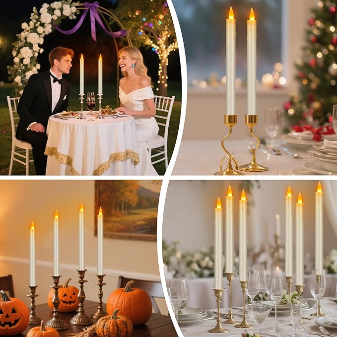 wemarry Flameless Taper Candles Realistic Flickering Flame, Battery Operated, Remote Control with Timer, Safe for Kids & Pets, Ivory, 10-Inch, Pack of 6 Ideal for Home, Weddings & Parties