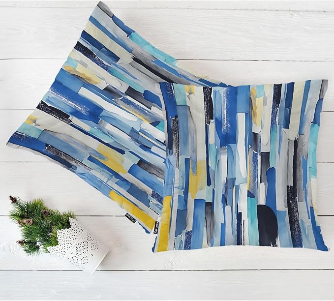 Swono Abstract Art Cozy Pillowcase Cushion Cover, Modern Watercolor Stripes Teals Decorative Throw Pillows Covers Outdoor Pillow Case for Home Office Dorm Sofa Picnic Car 18" X 18" 2 Pack, Blue