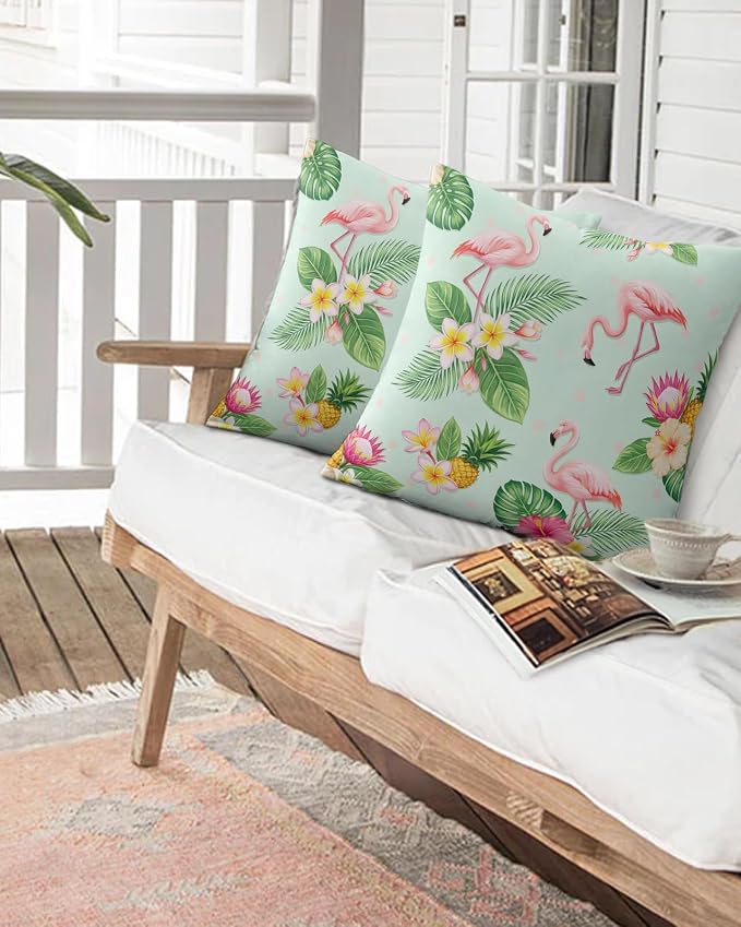 Outdoor Waterproof Throw Pillows 18x18in, Summer Flamingos Tropical Leaf Patio Pillows Pack of 2, Decorative Pillow Covers with Insert, Pillow Cushion Case for Garden Couch Sofa Pink Flower Pineapple