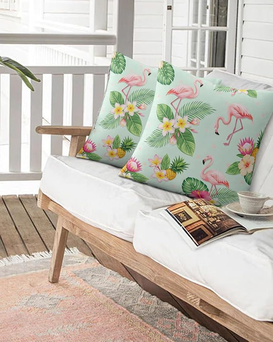 Outdoor Waterproof Throw Pillows 18x18in, Summer Flamingos Tropical Leaf Patio Pillows Pack of 2, Decorative Pillow Covers with Insert, Pillow Cushion Case for Garden Couch Sofa Pink Flower Pineapple