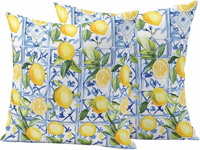 Outdoor Waterproof Pillow Covers Lemon Fruit Pack of 2 Lumbar Pillow Cover Leaves Blue Decorative Cushion Pillowcases for Patio Couch Bench Garden 16 x 16 Inches