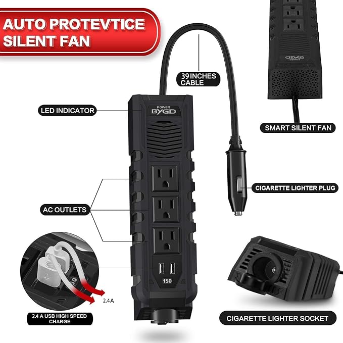 BYGD 150W Car Power Inverter for Vehicles, DC 12V to 110V AC Car Plug Adapter Outlet Converter with 1 Cigarette Lighter Socket, 3 AC Outlets, Dual 4.8A Fast Charging USB Ports for Digital Devices