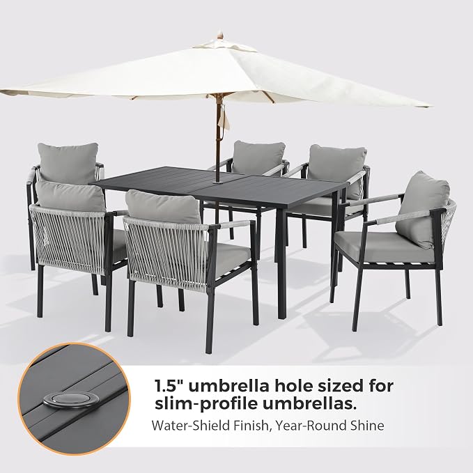 Patio Dining Set 7-Piece Woven Rope Rattan Dining Table and Chairs Set | Outdoor Metal Woven Wicker Rope Chairs with Cushions, All-Weather PE Rattan Outdoor Dining Set for Lawn Garden