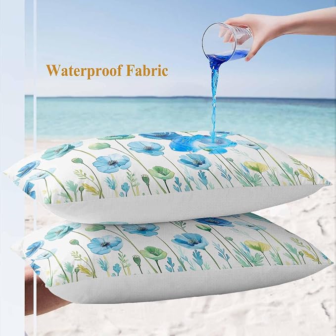 Spring Floral Outdoor Waterproof Throw Pillow Covers Set of 2, 20"x12", Watercolor Blue Poppy Flower Decorative Pillow Covers Outside Cushion Case for Patio Porch Garden