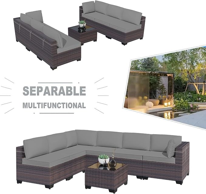 Kullavik 10PCS Outdoor Patio Furniture Set,PE Wicker Rattan Sectional Sofa Patio Conversation Sets with Tempered Glass Table,Swivel Rocking Chairs Set,Grey
