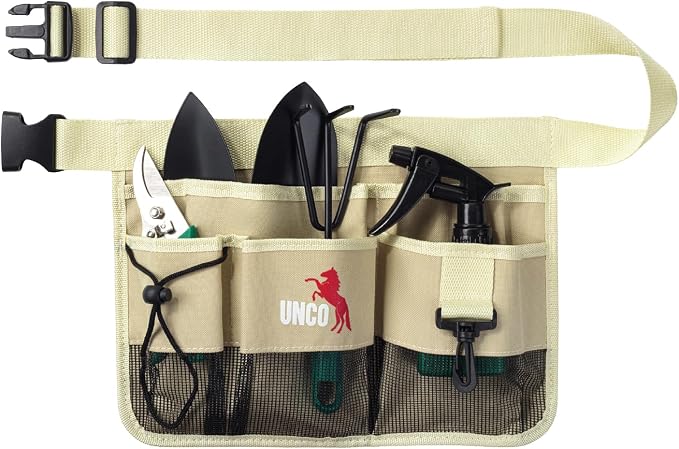 UNCO- Adjustable Gardening Belt, Beige, 7 Pockets, Wear, Cut and Water Resistant, Garden Tool Belt Pouch, Waist Apron with Pockets