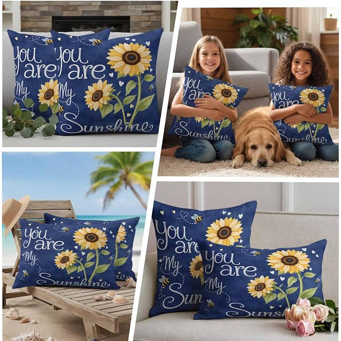 Outdoor Pillow Covers You are My Sunshine Words Decorative Throw Pillow Covers, Farm Sunflowers Bee on Blue Throw Cushion Case with Zipper for Patio,Couch,Sofa,Garden 16x16in Set of 2