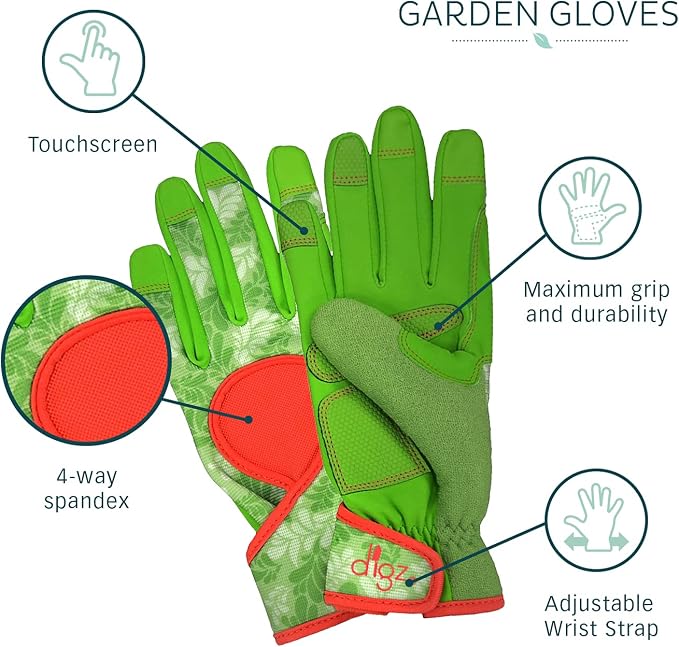 DIGZ Signature Garden Gloves, Large, 1 Pair, Green Leaves Pattern