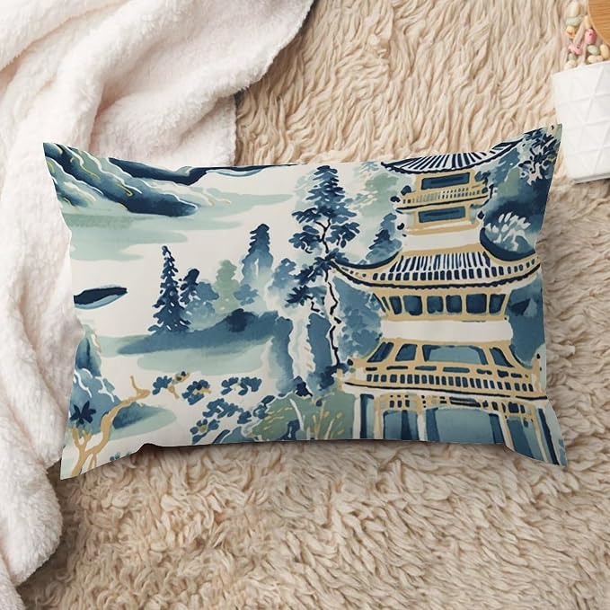 Lumbar Pillow Cases Blue and White Chinoiserie Pagoda Asian Cushion Cases Modern Ming Rain Chinoiserie Pillow Cover Accent Outdoor Garden for Sofa Couch Bed Indoor Decor 16x26in