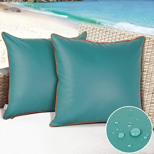 Pack of 2 Waterproof Silicone Leather Pillow Covers 16x16 Inches Fade-Resistant Durability Decorative Covers for Outdoor Garden Cushions Sunbrella Benches Patio Sofas Tents, Dark Green