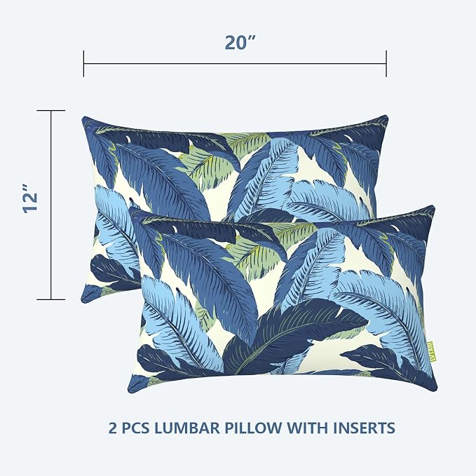 LVTXIII 12×20 Inch Outdoor Lumbar Pillows, Pack of 2 Water Repellent Lumbar Pillow with Inserts, Fluffy Decorative Garden Lumbar Cushions for Home Patio Coach Sofa Use, Swaying Palms Blue