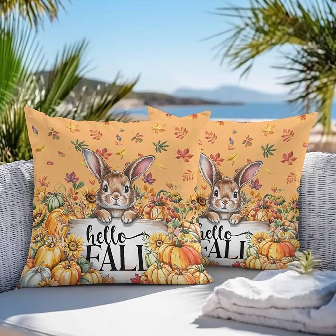 Thanksgiving Rabbit Outdoor Waterproof Pillow Covers, Orange Pumpkins Fall Leaves Flowers Decorative Square Throw Pillowcase Sofa Cushion Sham for Patio/Couch/Chair, 26"x26" 2 Pack