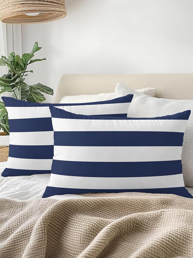 Waterproof Outdoor Pillow 1 Pack Navy Blue Stripe Decorative Throw Pillows Cover & Insert 20x12 Inch Lumbar Pillowcase Simple Style Striped Pillows for Couch Sofa Bed Patio Furniture Indoor Outdoor
