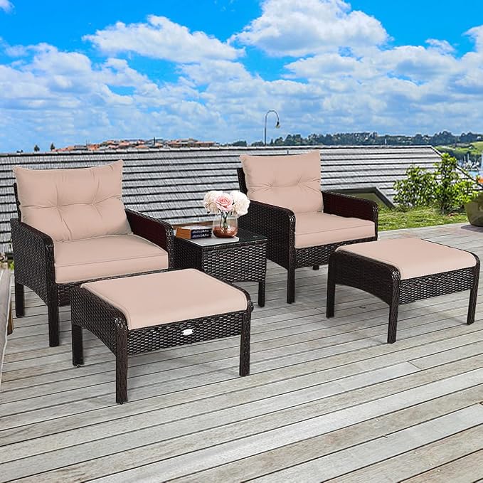HAPPYGRILL 5-Piece Patio Furniture Set Outdoor Rattan Wicker Conversation Set with Coffee Table Cushioned Sofas and Ottoman Chat Set for Garden Backyard