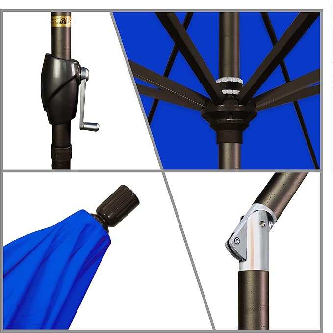 California Umbrella 7.5' Round Aluminum Market Umbrella, Crank Lift, Push Button Tilt, Bronze Pole, Sunbrella Pacific Blue